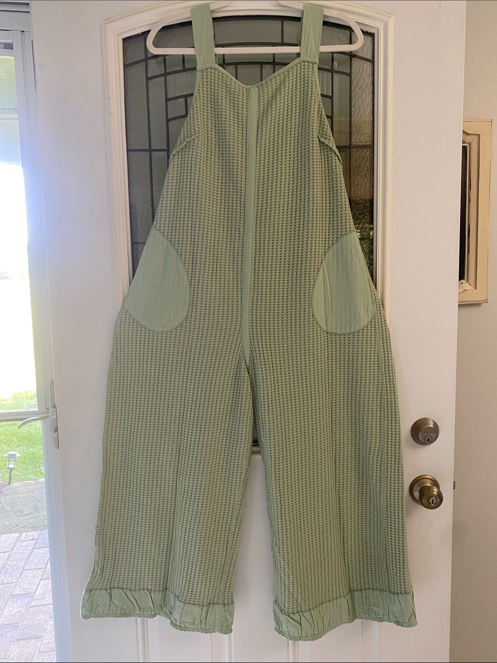 So Me Light Green Waffle-Knit Wide-Leg Jumpsuit with Ruffle Hem